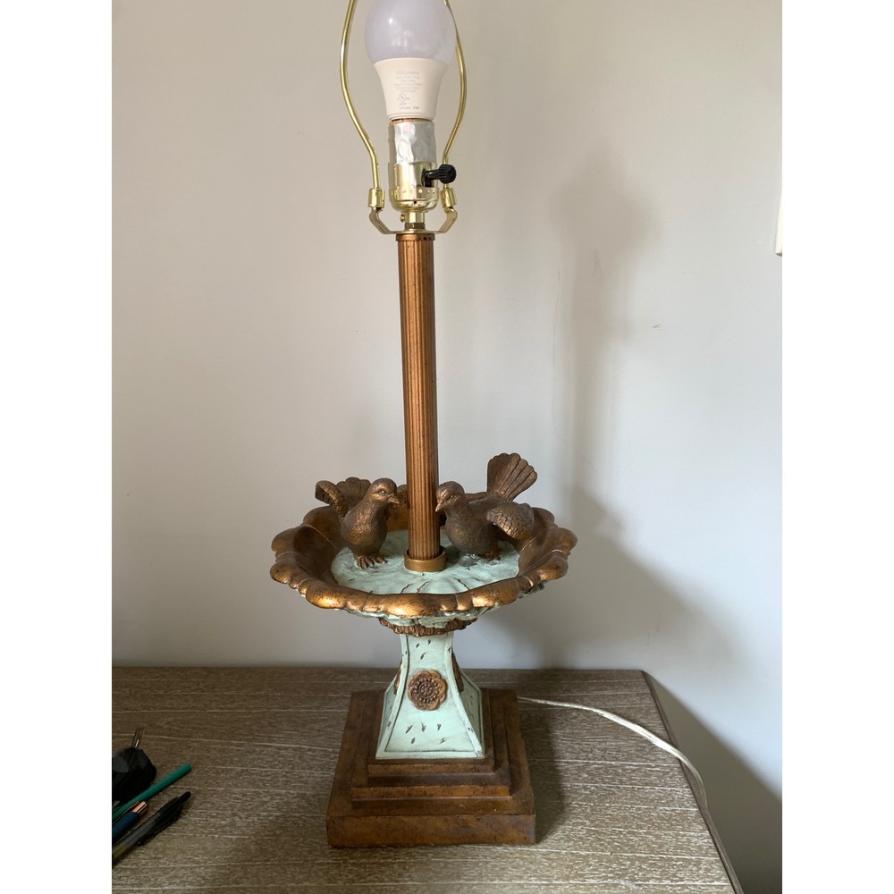 Vintage Style Birdbath Table Lamp Verdigris Gold Bird Motif Cottagecore 26.5in